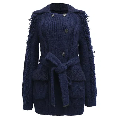 Pre-owned Chanel Knitted Double-breasted Cardi-coat In Navy Blue Wool