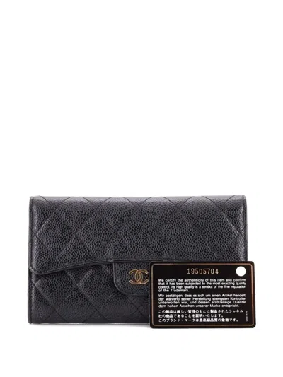 Pre-owned Chanel L-flap Wallet Quilted Matte Caviar Long Small Wallets In Black