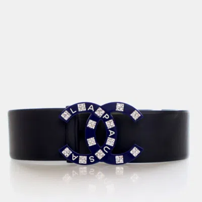 Pre-owned Chanel La Pausa Cruise 2019 Cc 85/34 Black Dodger Blue Plexiglass Crystal Smooth Calfskin Leather Waist Bel