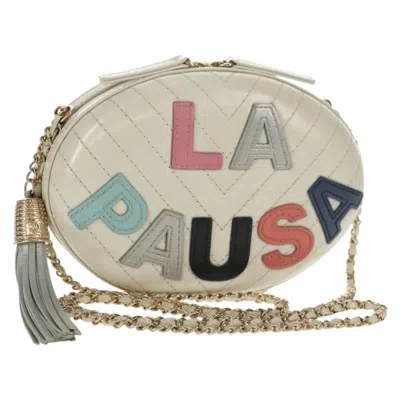 Pre-owned Chanel La Pausa Evening Chevron Lambskin With Applique White Leather Shoulder Bag Bag ()
