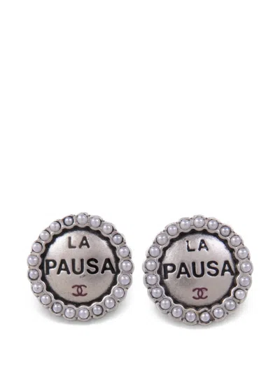 Pre-owned Chanel La Pausa Faux-pearl Earrings In Silver