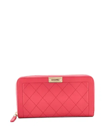 Pre-owned Chanel Label Click Zip Around Wallet Quilted Calfskin Long Small Wallets In Pink