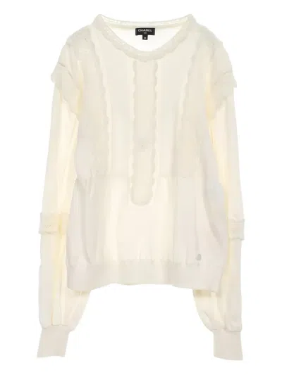 Pre-owned Chanel Lace-panelled Sweater Knitwear In White