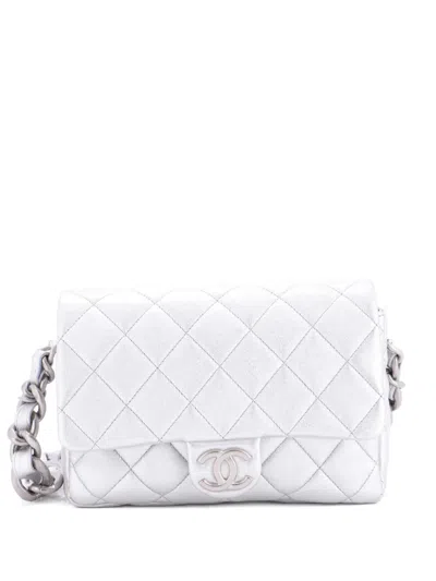 Pre-owned Chanel Lacquered Cc Flap Bag Quilted Metallic Lambskin Small Shoulder Bag In Silver