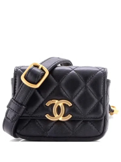 Pre-owned Chanel Lacquered Metal Cc Flap Card Holder Quilted Lambskin Belt Bag In Black