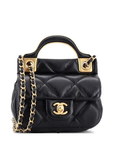 Pre-owned Chanel Lady Handle Flap Card Holder On Chain Quilted Calfskin Clutch Bag In Black