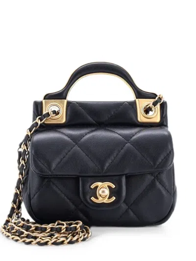 Pre-owned Chanel Lady Handle Flap Card Holder On Chain Quilted Calfskin Clutch Bag In Black