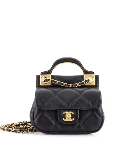 Pre-owned Chanel Lady Handle Flap Card Holder On Chain Quilted Calfskin Clutch Bag In Black