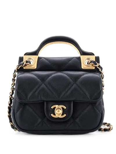 Pre-owned Chanel Lady Handle Flap Card Holder On Chain Quilted Calfskin Clutch Bag In Black