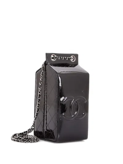 Pre-owned Chanel Lait De Coco Milk Carton Minaudiere Patent Clutch Bag In Black