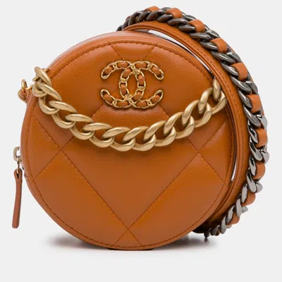 Pre-owned Chanel Lambskin 19 Round Clutch With Chain In Orange