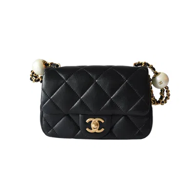 Pre-owned Chanel Lambskin Brushed Mini Square Pearl Flap Bag Gold Hardware Black