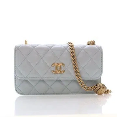 Pre-owned Chanel Lambskin Camellia Crush Clutch With Chain Mini In Blue