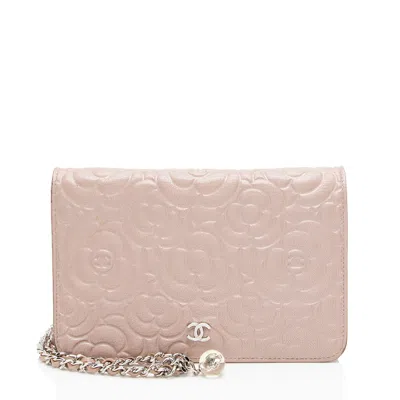 Pre-owned Chanel Lambskin Camellia Wallet On Chain In Pink