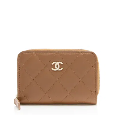 Pre-owned Chanel Lambskin Cc Zip Around Coin Purse In Brown