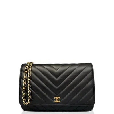 Pre-owned Chanel Lambskin Crossing Wallet On Chain Mini In Black