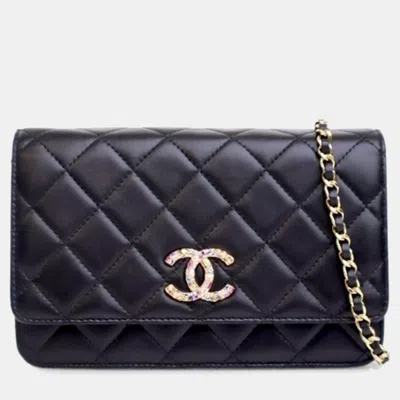 Pre-owned Chanel Lambskin Crystal Cc Wallet On Chain In Black