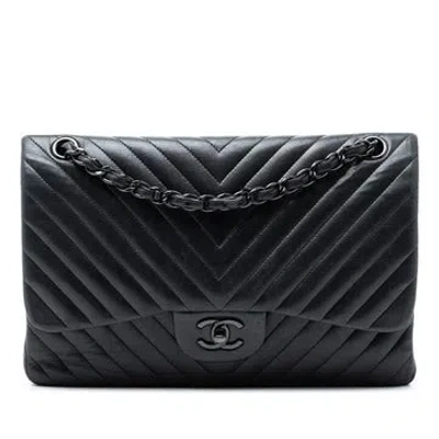 Pre-owned Chanel Lambskin Jumbo Classic Chevron Lambskin So Black Double Flap