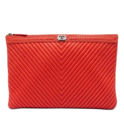 Pre-owned Chanel Lambskin Large Chevron Lambskin Double Stitch Boy O Case Clutch In Red