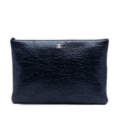 Pre-owned Chanel Lambskin Large Embossed Lambskin Camellia O Case Clutch In Blue