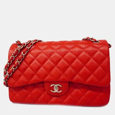 Pre-owned Chanel Lambskin Leather Jumbo Classic Double Flap Shoulder Bags In Red