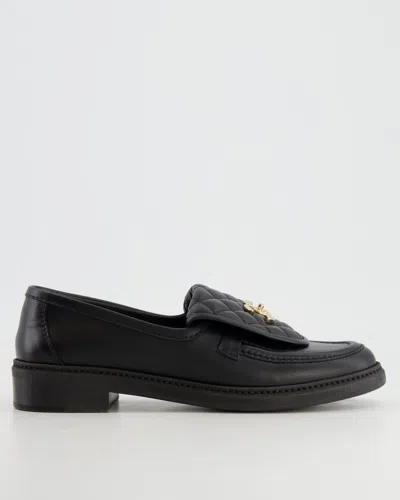 Pre-owned Chanel Lambskin Leather Loafers With Gold Cc Logo In Black