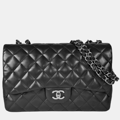 Pre-owned Chanel Lambskin Leather Medium Classic Double Flap Shoulder Bags In Black