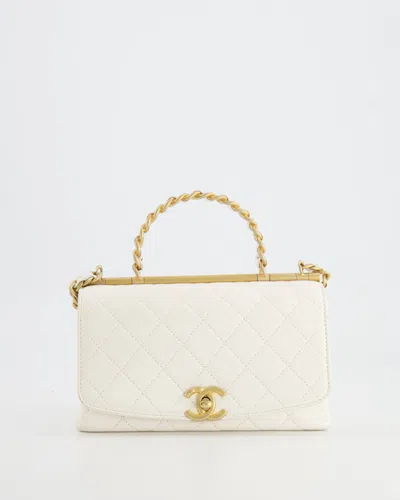 Pre-owned Chanel Lambskin Leather Small Flap Bag With Brushed Gold Chain Top Handle In White