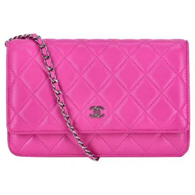 Pre-owned Chanel Lambskin Leather Wallet On Chain In Pink