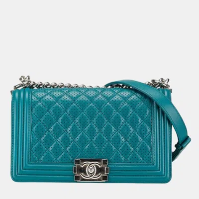 Pre-owned Chanel Green Turquoise Blue Lambskin Matelasse Boy 25 Coco Mark Chain Shoulder Bag