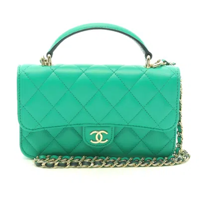 Pre-owned Chanel Lambskin Matelasse Phone Case Shoulder Bag In Green