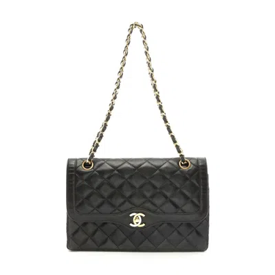 Pre-owned Chanel Lambskin Matelasse W Flap Shoulder Bag In Black