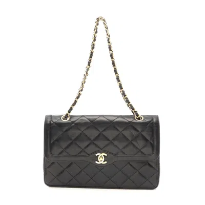 Pre-owned Chanel Lambskin Matelasse W Flap Shoulder Bag In Black