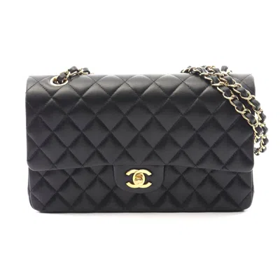 Pre-owned Chanel Lambskin Matelasse W Flap Shoulder Bag In Black