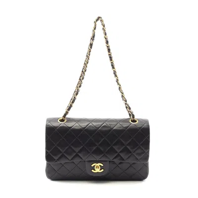 Pre-owned Chanel Lambskin Matelasse W Flap Shoulder Bag In Black