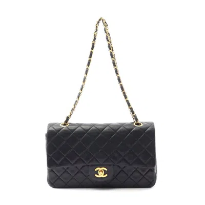 Pre-owned Chanel Lambskin Matelasse W Flap Shoulder Bag In Black