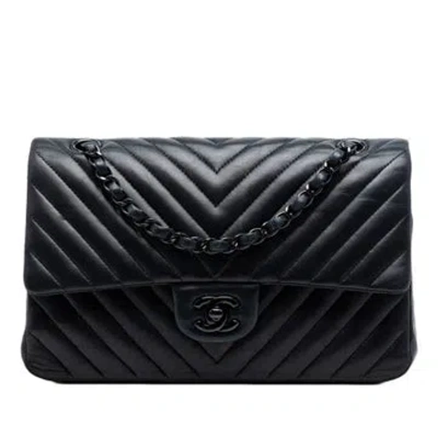 Pre-owned Chanel Lambskin Medium Classic Chevron Lambskin So Black Double Flap