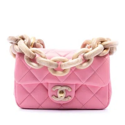 Pre-owned Chanel Lambskin Mini Wenge Wood Chain Flap In Pink