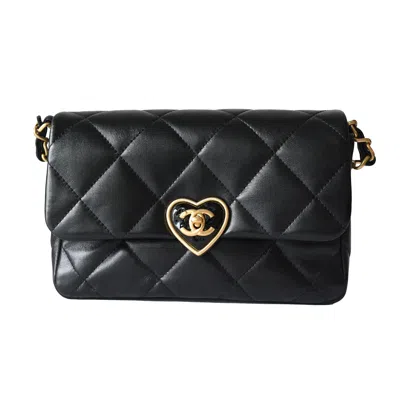 Pre-owned Chanel Lambskin Quilted Coco Love Cc Heart Flap Bag Black