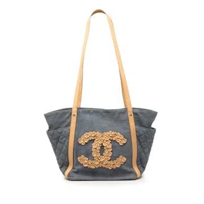 Pre-owned Chanel Lambskin Quilted Denim Cc Camellia Tote In Blue
