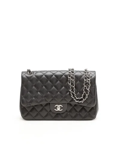 Pre-owned Chanel Lambskin Quilted Jumbo Double Flap Bag In Black