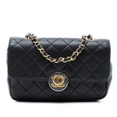 Pre-owned Chanel Lambskin Quilted Lambskin Turn And Lock Flap In Black