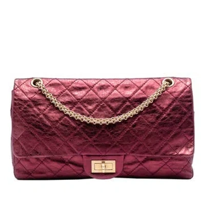Pre-owned Chanel Lambskin Quilted Metallic Lambskin Reissue 2.55 Double Flap In Burgundy