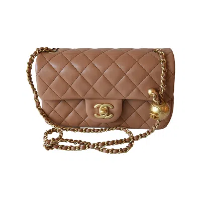 Pre-owned Chanel Lambskin Quilted Mini Cc Pearl Crush Rectangular Flap Bag Caramel