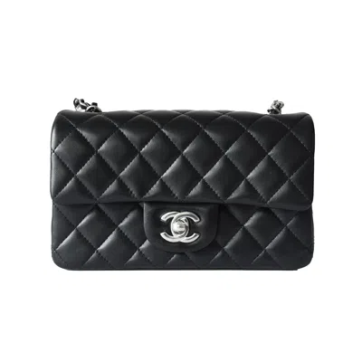 Pre-owned Chanel Lambskin Quilted Mini Rectangular Flap Bag Silver Hardware Black