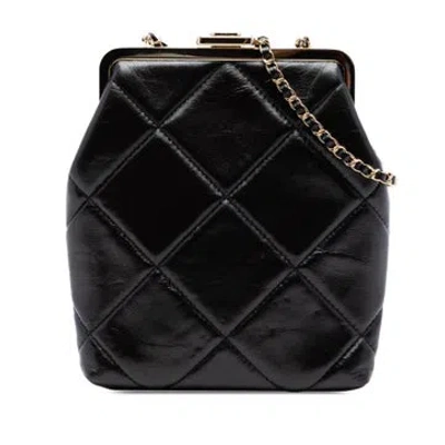 Pre-owned Chanel Lambskin Small Cc Quilted Lambskin Kisslock Frame Clutch In Black