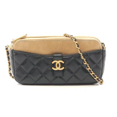 Pre-owned Chanel Lambskin Suede Matelasse Phone Shoulder Bag In Black