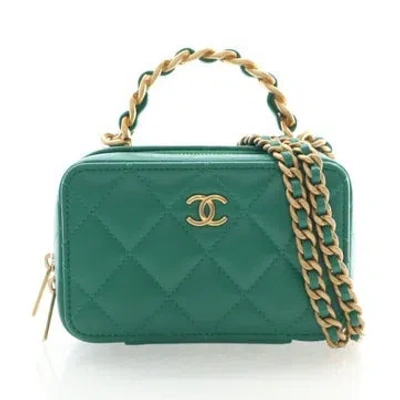 Pre-owned Chanel Lambskin Top Handle Vanity Chain Bag Mini In Green