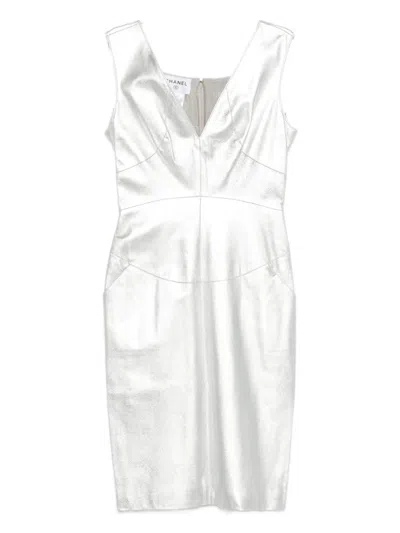 Pre-owned Chanel Lambskin V-neck Dress In Silver