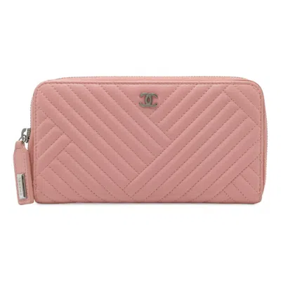Pre-owned Chanel Lambskin V-stitch Zip Wallet Pink